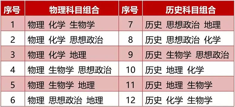 新高考選科的12種組合